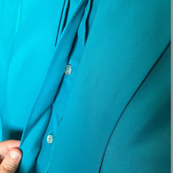 Vintage Turquoise Secretary Blouse 80s Long Sleeve Tie Neck Womens Size XL - Picture 5 of 7